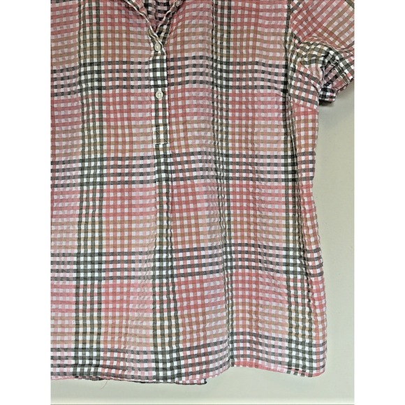 LL Bean Coral Green Seersucker Gingham Popover Blouse Shirt Top Womens XL - Picture 2 of 7